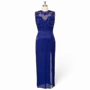 SCALA Vintage Size 1x 100% Silk Full Beaded Sequin Maxi Evening Gown Royal Blue